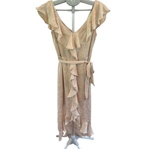 DKNY Ruffle Dress Women's 2 Beige Hi-Low Wrap NWT‎ Flaw Belt Loop Lined